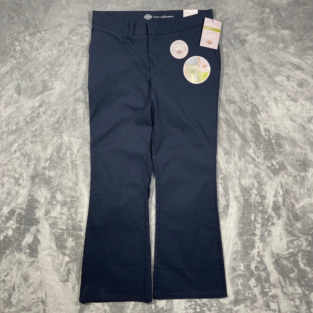 Dickies Womens Navy Stretch‎ Twill Slim Fit Boot Cut Mid Rise Pants 10 Short New